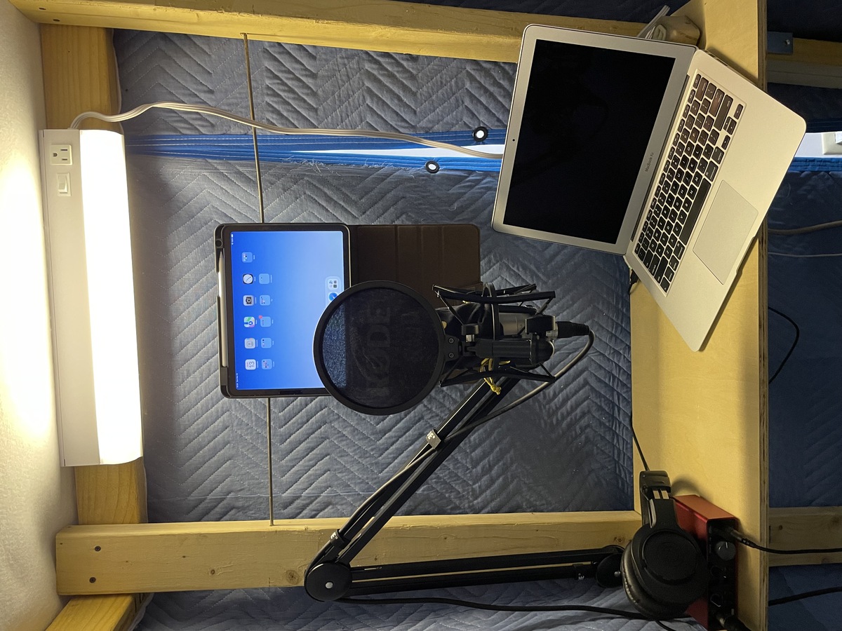 The steel rod supports an iPad for scripts